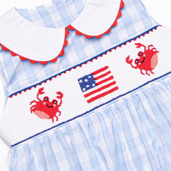 Patriotic Pinchers Smocked Dress, Blue