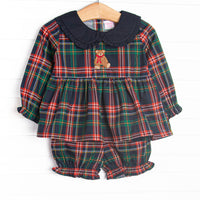 This set features navy plaid material, a teddy bear applique, a navy ruffle Peter Pan collar, and long sleeves. Coordinating bloomer shorts to match.