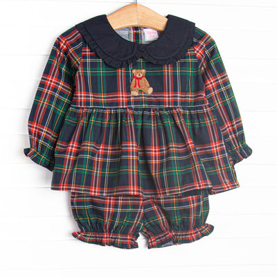 This set features navy plaid material, a teddy bear applique, a navy ruffle Peter Pan collar, and long sleeves. Coordinating bloomer shorts to match.