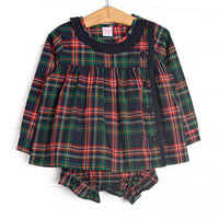  This set features navy tartan plaid print, a navy ruffle collar, front covered navy buttons, and navy ruffle trim. Coordinating diaper cover to match. 
