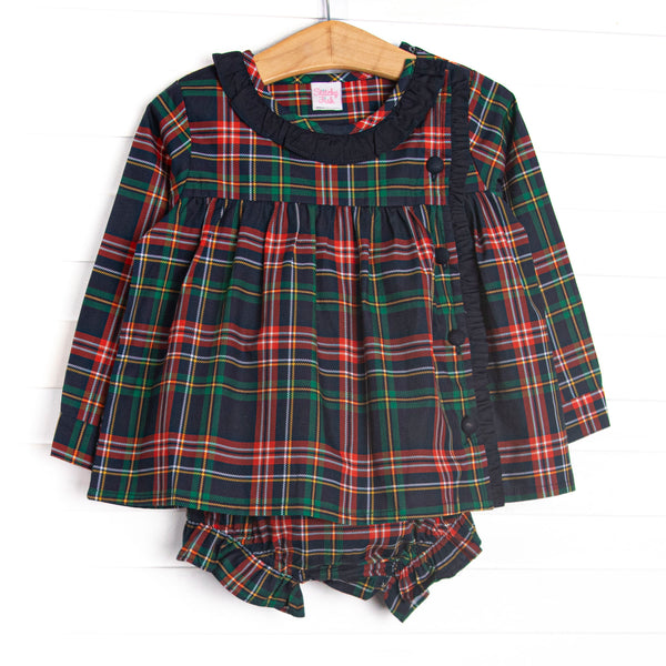  This set features navy tartan plaid print, a navy ruffle collar, front covered navy buttons, and navy ruffle trim. Coordinating diaper cover to match. 