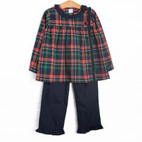  This set features navy tartan plaid print, a navy ruffle collar, front covered navy buttons, and navy ruffle trim. Coordinating navy ruffle pants to match. 