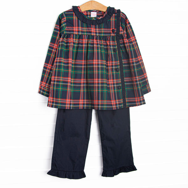 This set features navy tartan plaid print, a navy ruffle collar, front covered navy buttons, and navy ruffle trim. Coordinating navy ruffle pants to match. 