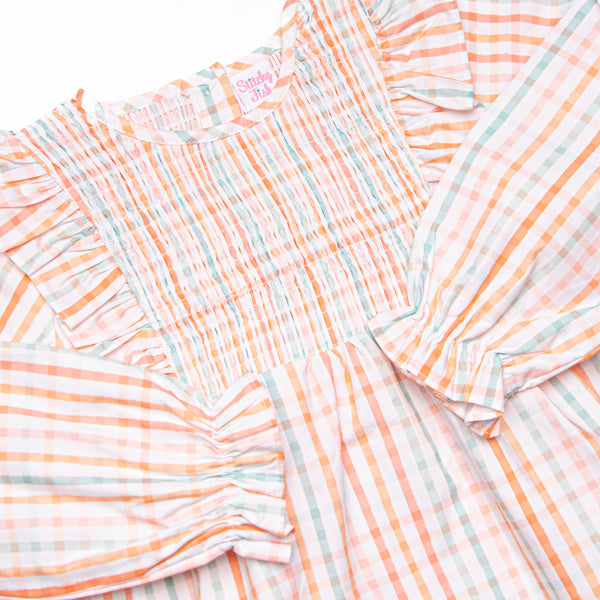 Patchwork Plaid Elastic Smocked Legging Set, Orange