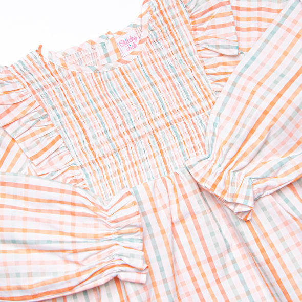 Patchwork Plaid Elastic Smocked Legging Set, Orange