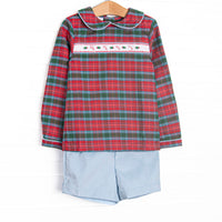 This set features a red and green plaid top, a peter pan collar, and candy cane smocking. Coordinating light blue corduroy shorts to match.