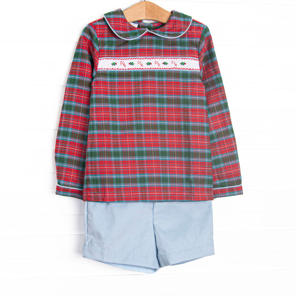 This set features a red and green plaid top, a peter pan collar, and candy cane smocking. Coordinating light blue corduroy shorts to match.