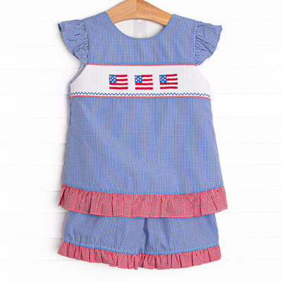 Freedom Flags Smocked Short Set, Blue