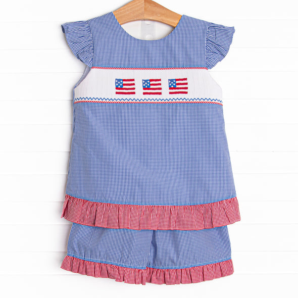 Freedom Flags Smocked Short Set, Blue