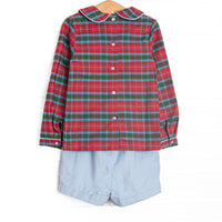 Bleu: Cranberry and Cane Smocked Long Sleeve Short Set, Christmas Plaid and Blue Corduroy