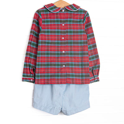 Bleu: Cranberry and Cane Smocked Long Sleeve Short Set, Christmas Plaid and Blue Corduroy