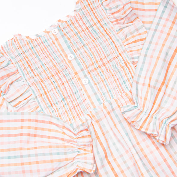 Patchwork Plaid Elastic Smocked Legging Set, Orange