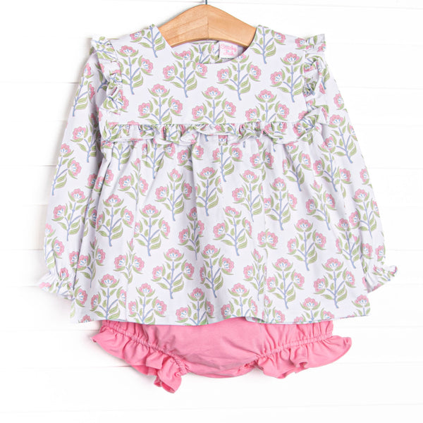 This set features a pink floral print, flutter details and a pink diaper cover to match.