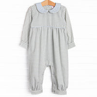  This romper is featured in green gingham print, with a blue peter pan collar and snaps on the stride to make changing a breeze. 