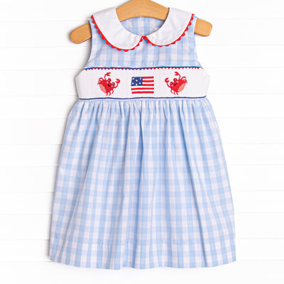 Patriotic Pinchers Smocked Dress, Blue
