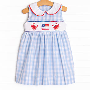 Patriotic Pinchers Smocked Dress, Blue