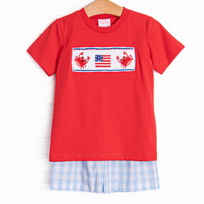 Patriotic Pinchers Smocked Short Set, Red