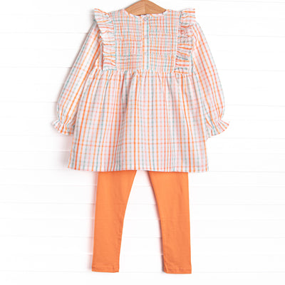 Patchwork Plaid Elastic Smocked Legging Set, Orange