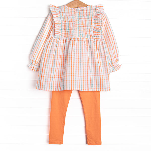 Patchwork Plaid Elastic Smocked Legging Set, Orange