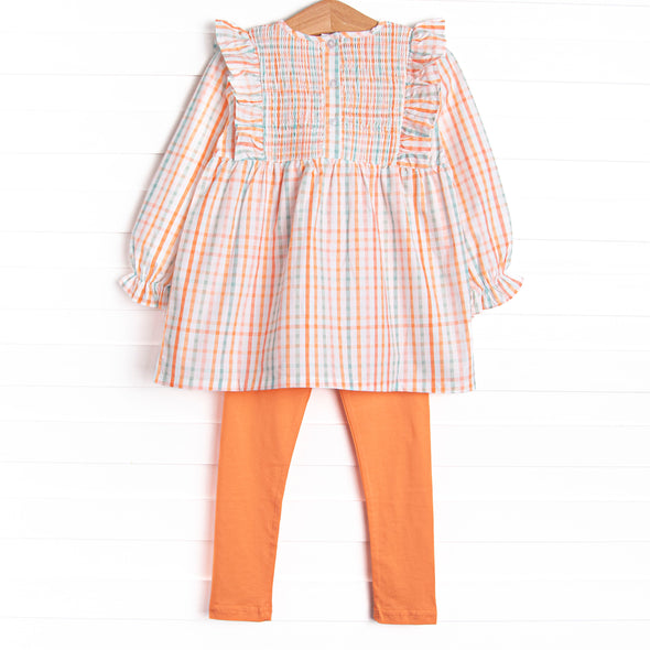 Patchwork Plaid Elastic Smocked Legging Set, Orange