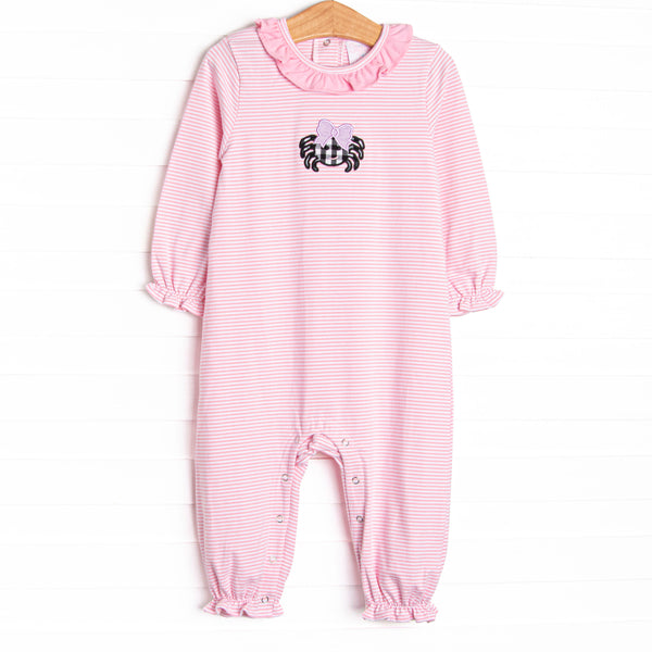 Creepy Crawler Applique Ruffle Romper, Pink