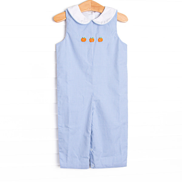  This Jon Jon features a blue gingham print, a white Peter Pan collar, and pumpkin embroideries. 