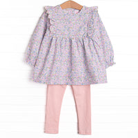 This set features a long sleeve top with a flutter shoulders and a dainty pink floral print. Coordinating pink knit leggings to match.