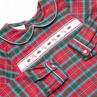 Bleu: Cranberry and Cane Smocked Long Sleeve Short Set, Christmas Plaid and Blue Corduroy