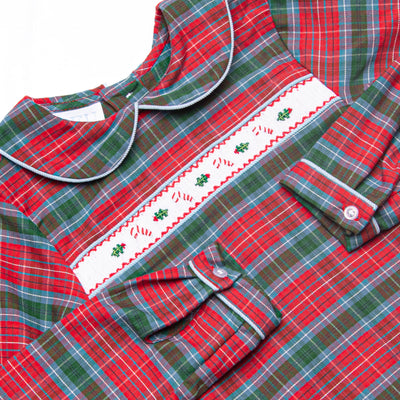 Bleu: Cranberry and Cane Smocked Long Sleeve Short Set, Christmas Plaid and Blue Corduroy