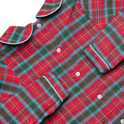 Bleu: Cranberry and Cane Smocked Long Sleeve Short Set, Christmas Plaid and Blue Corduroy