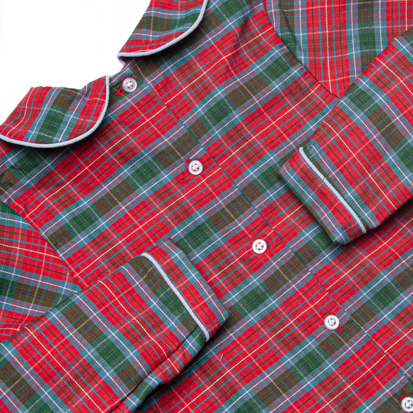 Bleu: Cranberry and Cane Smocked Long Sleeve Short Set, Christmas Plaid and Blue Corduroy
