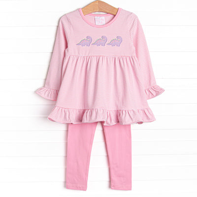  This set features a pink striped top with a dinosaur applique and pink leggings to match. 
