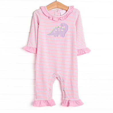 Jurassic Journey Applique Romper, Pink Stripe