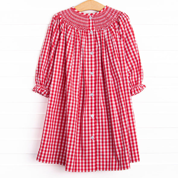 Ornamental Occasion Smocked Bishop Dress, Red