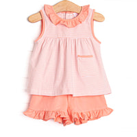 Jane Ruffle Short Set, Peach Stripe