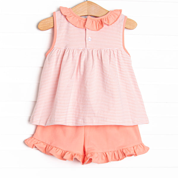 Jane Ruffle Short Set, Peach Stripe
