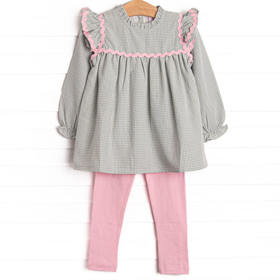  This set features a sage gingham print, pink ric rac trim, and pink leggings to match. 