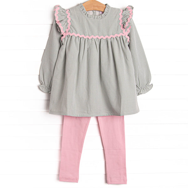 This set features a sage gingham print, pink ric rac trim, and pink leggings to match. 