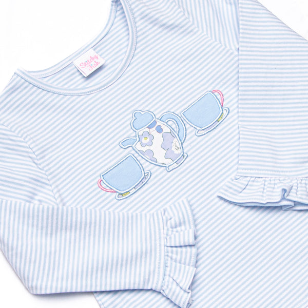 Tea For Two Applique Legging Set, Light Blue Stripe