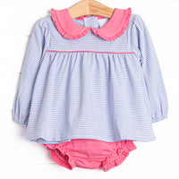  The set features periwinkle stripes, pink peter pan collar, and pink knit diaper cover. 