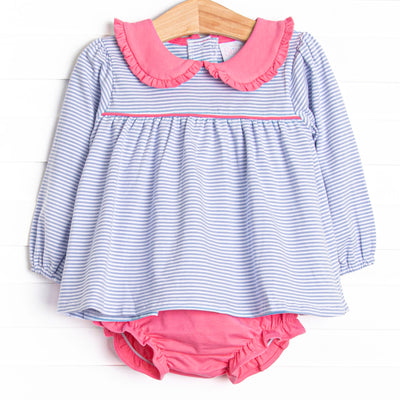  The set features periwinkle stripes, pink peter pan collar, and pink knit diaper cover. 