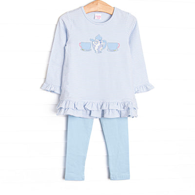  This adorable legging set features blue striped fabric, a tea set applique, tiered ruffles, and matching blue leggings. 