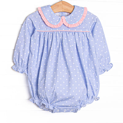  This bubble features periwinkle polka dots, a Peter Pan collar, and pink trim. 