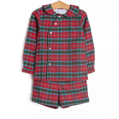 This set features red and green plaid, a Peter Pan collar, and clear front buttons. Coordinating plaid shorts to match.