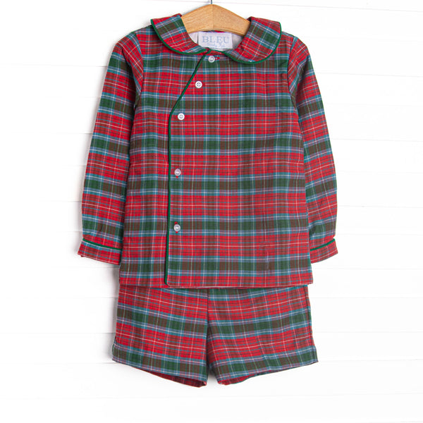 This set features red and green plaid, a Peter Pan collar, and clear front buttons. Coordinating plaid shorts to match.