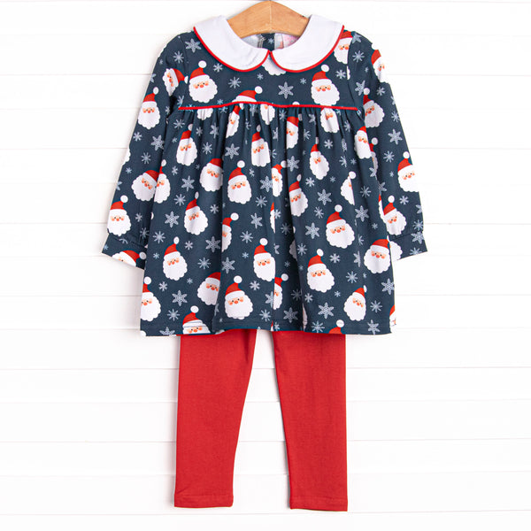  This set features a Santa print, a peter pan collar, and red knit leggings. 