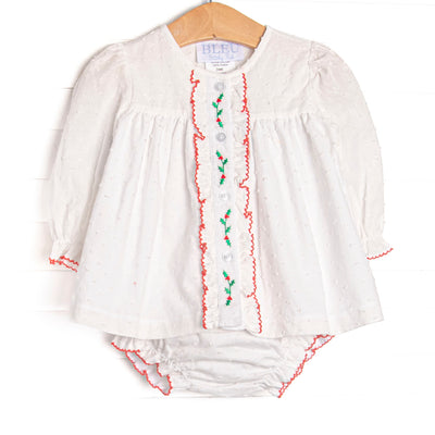 This set features the white fabric, holly embroidery, and red picot trim. Coordinating diaper cover to match.