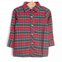 This top features a red and green plaid print,&nbsp;polo collar, and buttons.