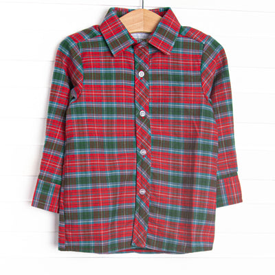 This top features a red and green plaid print,&nbsp;polo collar, and buttons.