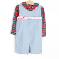 his set features a red and green top with a peter pan collar and a light blue corduroy shortall with candy cane smocking.